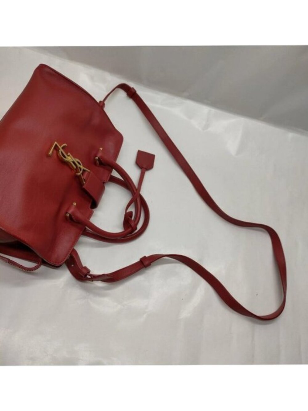 Authentic Saint Laurent Cabas ChYc Red Leather Satchel Crossbody Bag - Picture 8 of 16